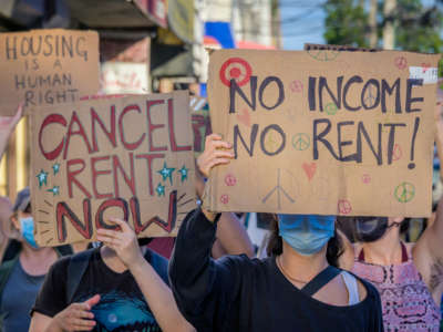 Tenants and housing activists march in the streets of Bushwick on July 1, 2020, in Brooklyn, New York.