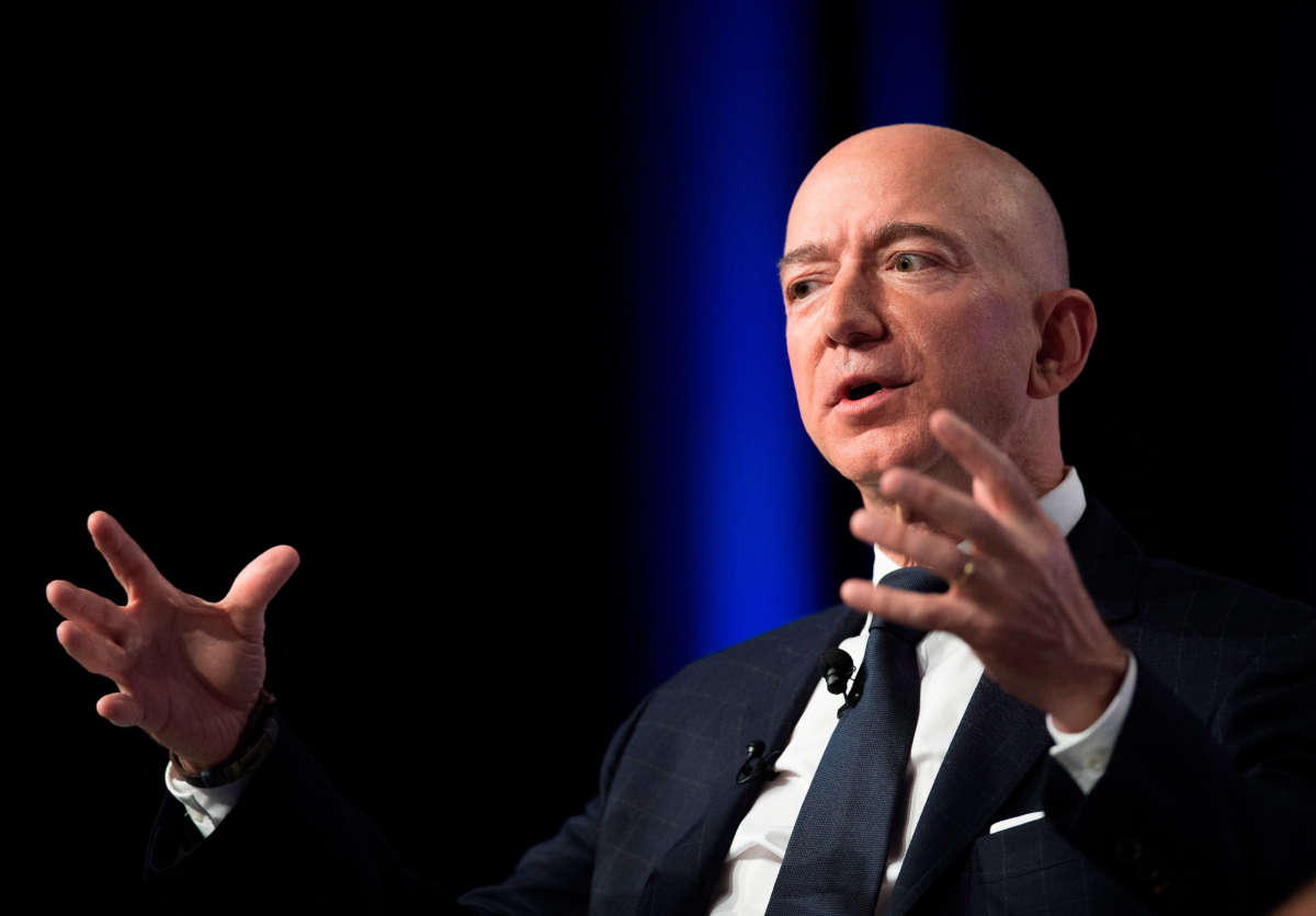 Amazon and Blue Origin founder Jeff Bezos provides the keynote address at the Air Force Association's Annual Air, Space & Cyber Conference in Oxen Hill, Maryland, on September 19, 2018.