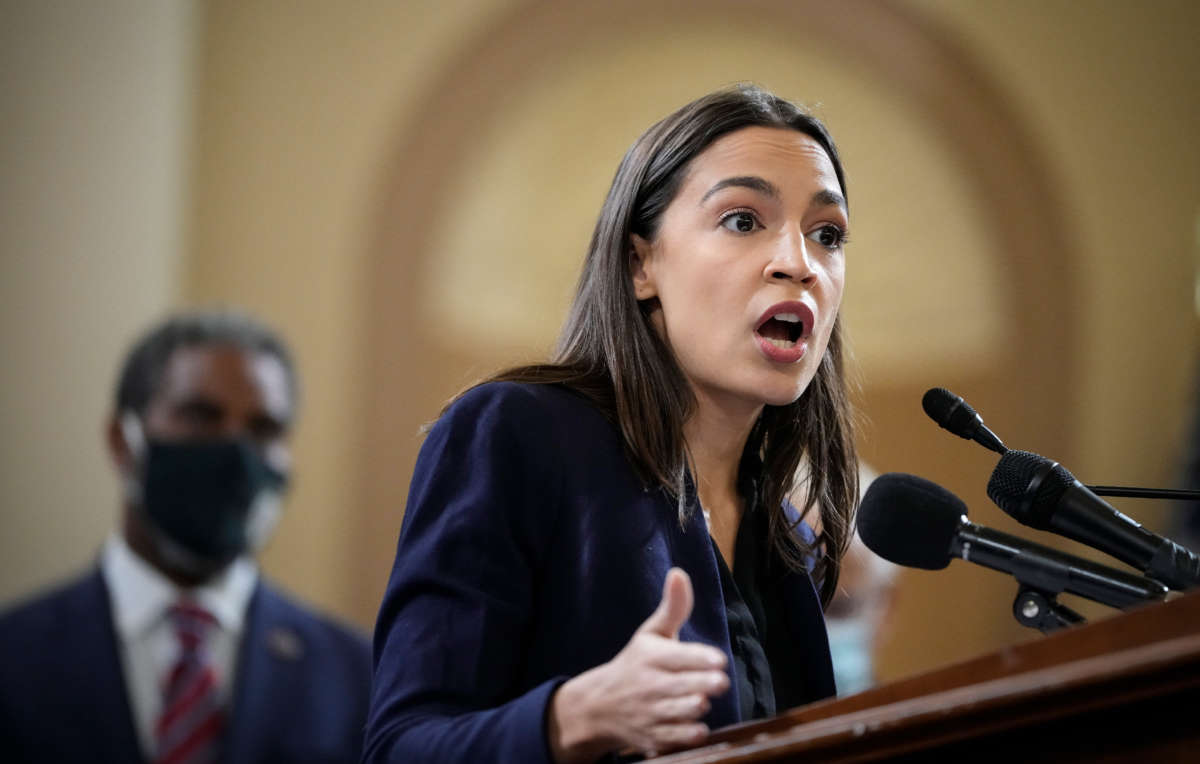 Rep. Alexandria Ocasio-Cortez speaks during a news conference on Capitol Hill on October 26, 2021, in Washington, D.C.