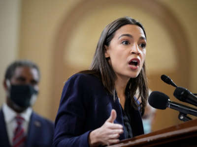 Rep. Alexandria Ocasio-Cortez speaks during a news conference on Capitol Hill on October 26, 2021, in Washington, D.C.