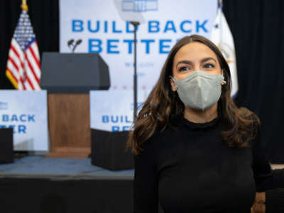 Rep. Alexandria Ocasio-Cortez greets supporters during an event with Vice President Kamala Harris about the Bipartisan Infrastructure Deal and the Build Back Better Agenda at the Edenwald YMCA on October 22, 2021, in the Bronx Borough of New York.