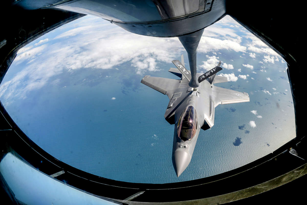 An Air Force F-35A Lightning II prepares to receive fuel from a KC-135 Stratotanker during a training sortie over the United Kingdom, on April 28, 2017.