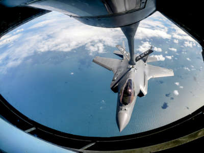 An Air Force F-35A Lightning II prepares to receive fuel from a KC-135 Stratotanker during a training sortie over the United Kingdom, on April 28, 2017.