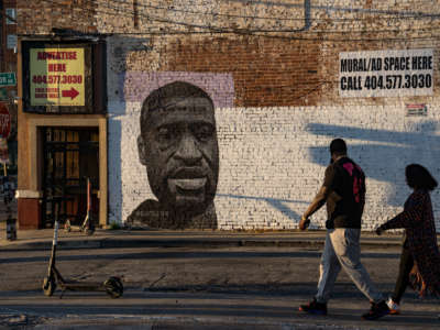 A mural depicting George Floyd that was painted by Dustin Emory in 2020 is shown downtown on March 8, 2021, in Atlanta, Georgia.