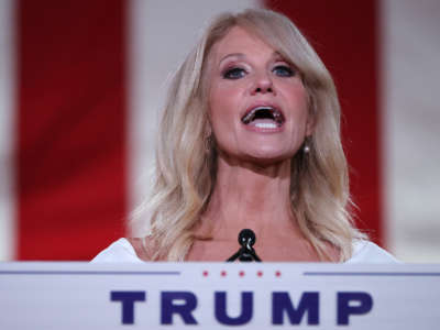 White House Counselor to the President Kellyanne Conway pre-records her address to the Republican National Convention from inside an empty Mellon Auditorium on August 26, 2020, in Washington, D.C.