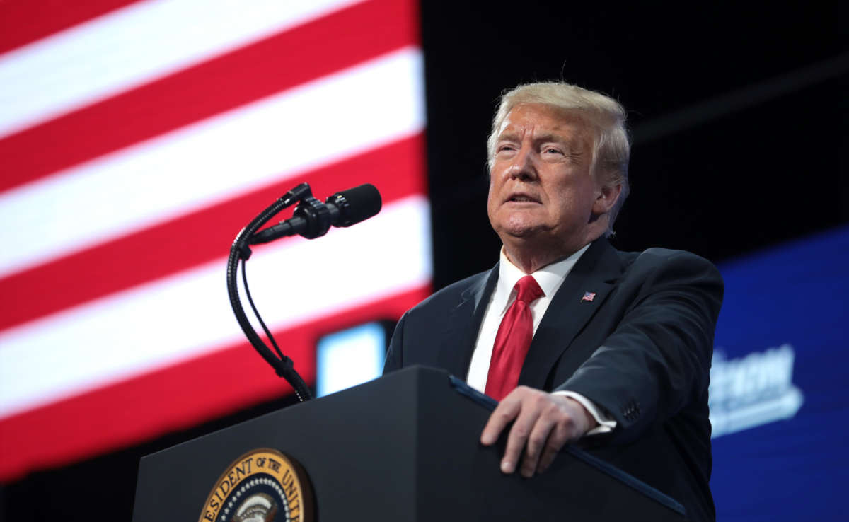 President Donald Trump speaks with supporters at an "An Address to Young Americans" event hosted by Students for Trump and Turning Point Action at Dream City Church in Phoenix, Arizona, on June 23, 2020.