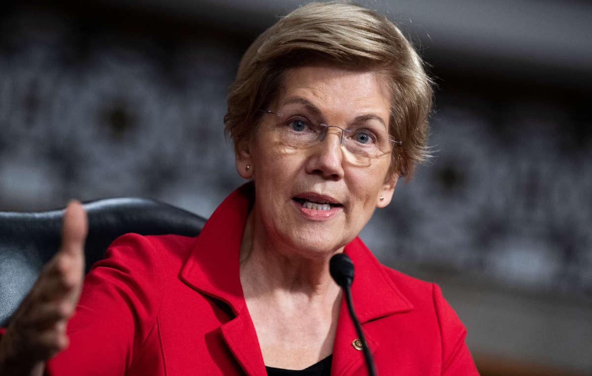 Sen. Elizabeth Warren speaks in the Dirksen Building on October 26, 2021.