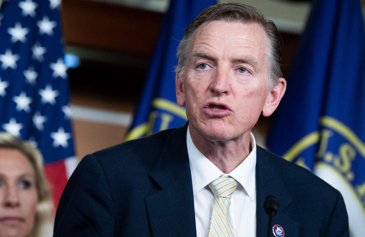 Rep. Paul Gosar conducts a news conference in the Capitol Visitor Center on June 15, 2021.