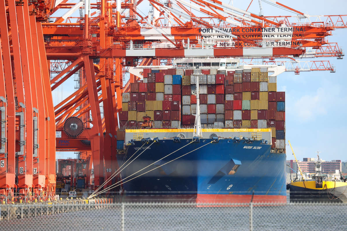 Containers are seen on a container ship docked at a port in Newark, New Jersey, on October 17, 2021, as supply chain disruptions continue in U.S.