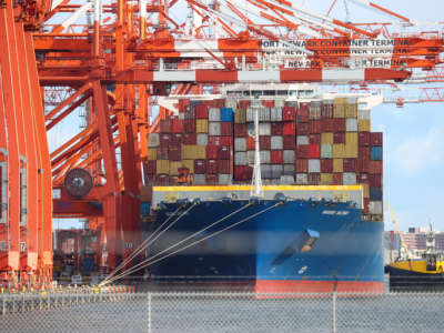 Containers are seen on a container ship docked at a port in Newark, New Jersey, on October 17, 2021, as supply chain disruptions continue in U.S.