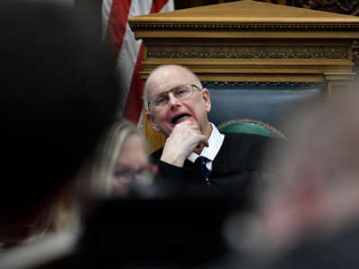 Judge Bruce Schroeder makes a last-minute change to how jury instructions would be received by the jury during Kyle Rittenhouse's trial at the Kenosha County Courthouse, on November 15, 2021.