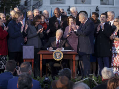 Joseph Robinette Biden signs a bill into law while others cheer him on