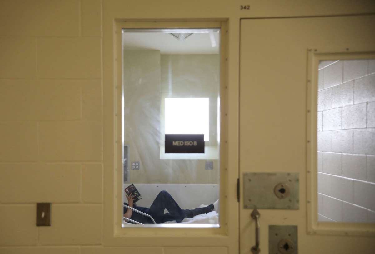 A prisoner is seen reading a book through the narrow window of their cell door