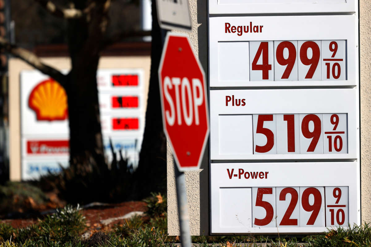 Gas prices over $5.00 per gallon are displayed at a Shell station on November 17, 2021, in Hercules, California.