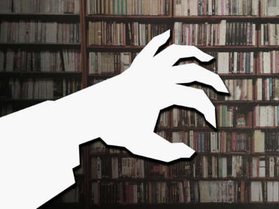 A white cut-out of a hand reaches toward library bookshelves