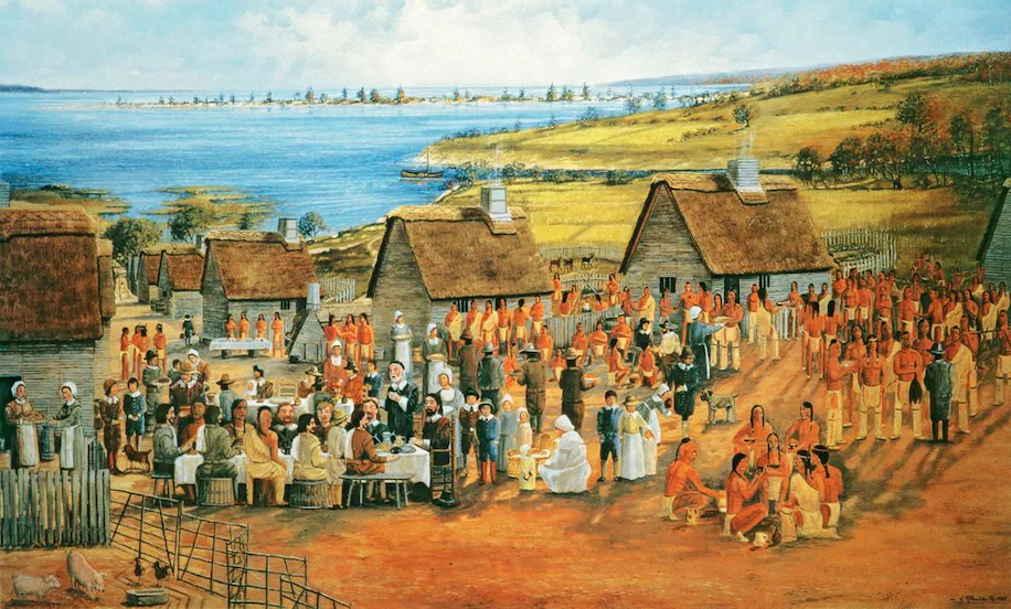 A painting done in 1995 by Karen Rinaldo, of Falmouth, Mass., depicts what many Wampanoag tribal leaders and historians say is one of the few accurate portrayals of “The First Thanksgiving 1621,” between the Wampanoags and the Pilgrims.