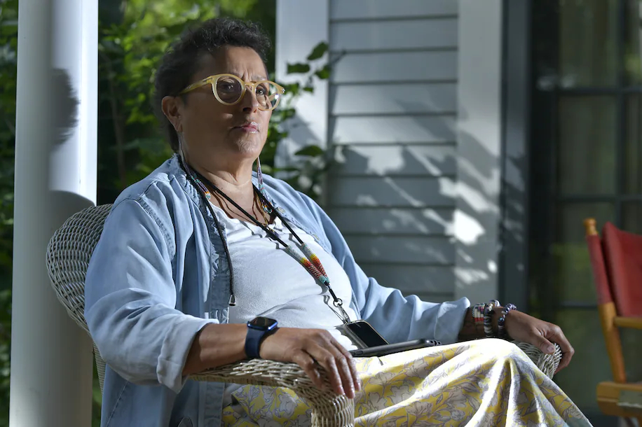 Mashpee Wampanoag author and educator Paula Peters outside her home in Mashpee, Mass.