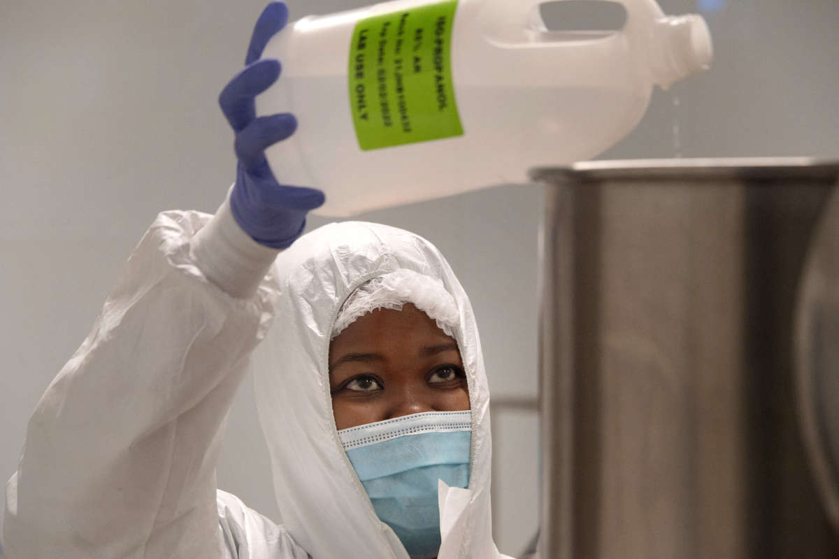 An employee at the biotechnology company Afrigen works in a manufacturing laboratory in Cape Town.