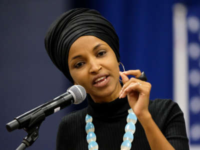 Rep. Ilhan Omar speaks at Southern New Hampshire University in Manchester, New Hampshire, on December 13, 2019.