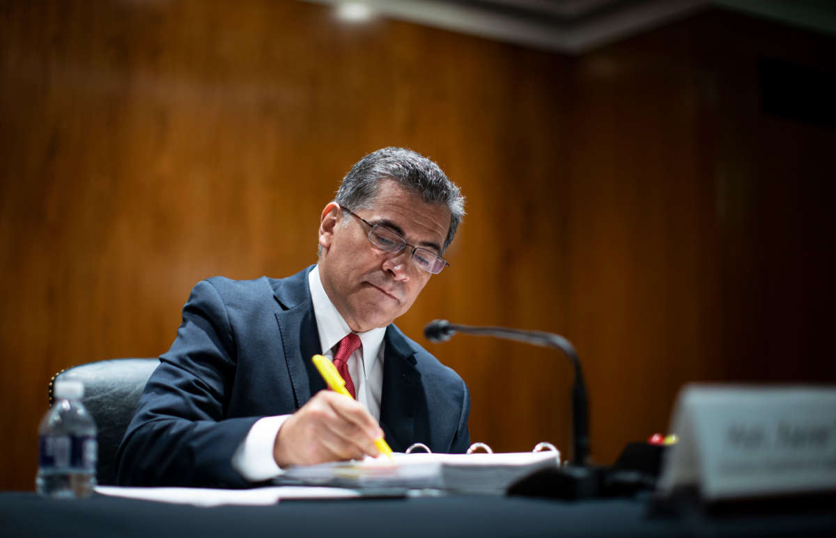 Xavier Becerra, Secretary of Health and Human Services, takes notes during a Senate Appropriations Subcommittee hearing on June 9, 2021, at the U.S. Capitol in Washington, D.C.