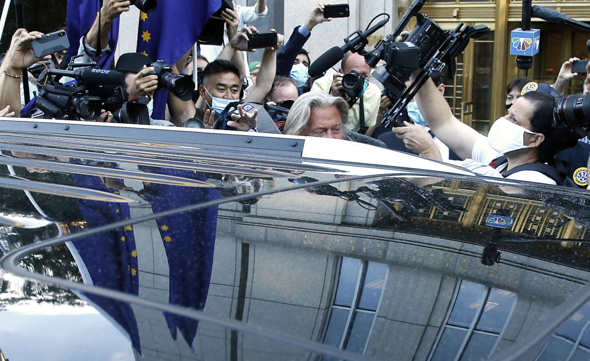 Stephen Bannon exits Manhattan Federal Court on August 20, 2020, in New York City.