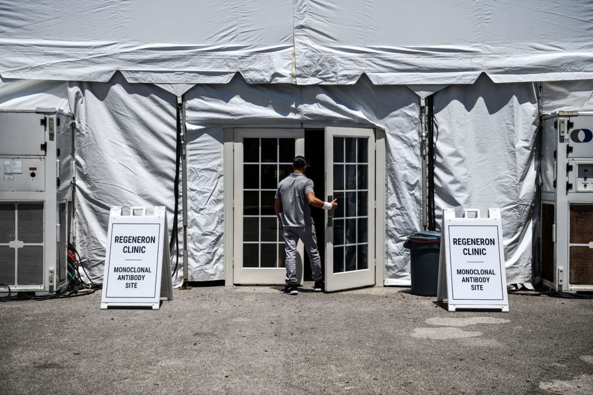 A man enters the Regeneron Clinic at a monoclonal antibody treatment site in Pembroke Pines, Florida, on August 19, 2021.