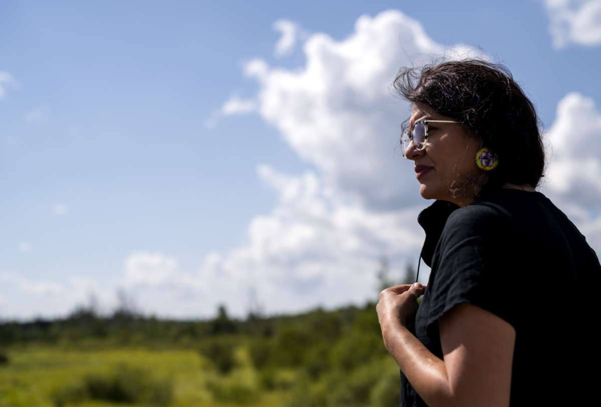 Rep. Rashida Tlaib looks over the headwaters of the Mississippi River where the Line 3 Pipeline is being constructed on September 4, 2021, in Park Rapids, Minnesota.