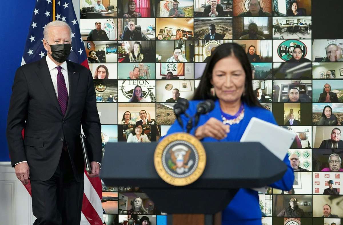 Secretary of the Interior Deb Haaland introduces President Joe Biden during a Tribal Nations Summit in Washington, D.C., on November 15, 2021.