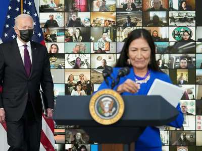 Secretary of the Interior Deb Haaland introduces President Joe Biden during a Tribal Nations Summit in Washington, D.C., on November 15, 2021.