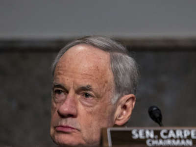 Sen. Tom Carper, Chair of Committee on Environment and Public Works, listens during the hearing on Capitol Hill on March 10, 2021, in Washington, D.C.