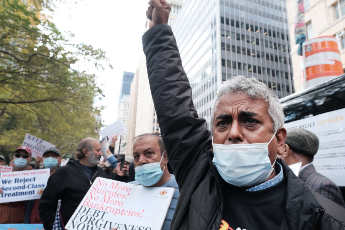 New York City taxi drivers and their supporters demanding debt relief rally during the second week of a hunger strike outside City Hall on October 31, 2021, in New York City.