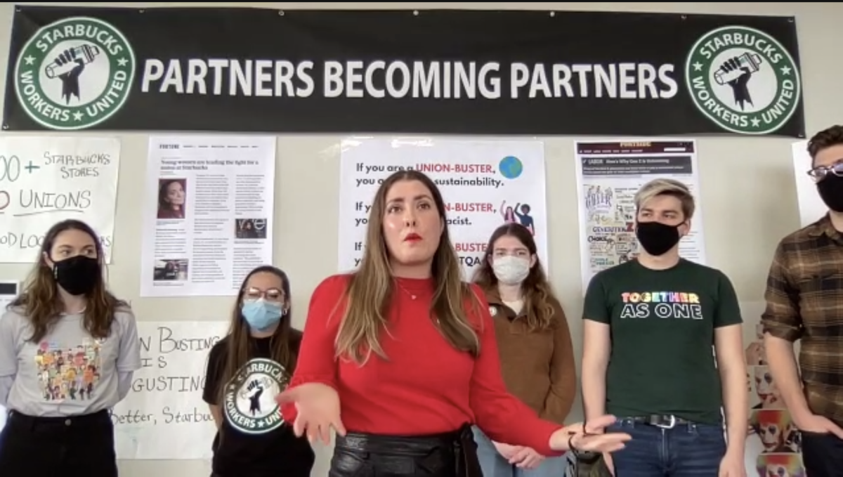 Eleven-year Starbucks barista and union-drive organizer Michelle Eisen speaks during a virtual press conference on December 1, 2021, from Buffalo, New York.