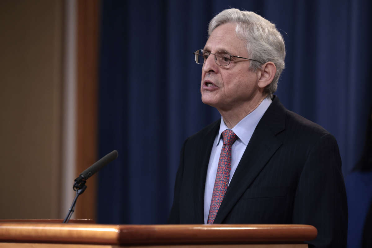 Attorney General Merrick B. Garland speaks at a press conference at the Department of Justice on December 06, 2021 in Washington, D.C.