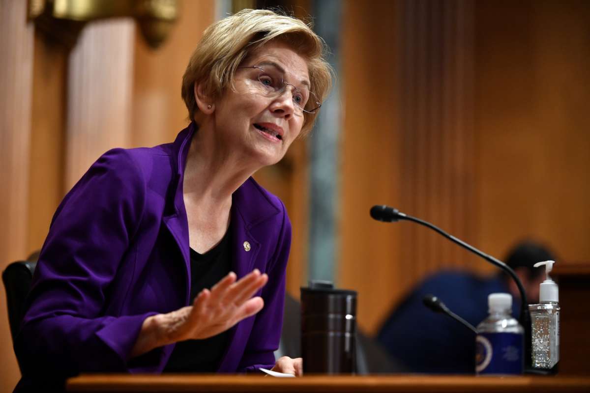 Senator Elizabeth Warren (D-Massachusetts) speaks during a Senate Finance Committee meeting Capitol Hill in Washington, D.C. on October 19, 2021.