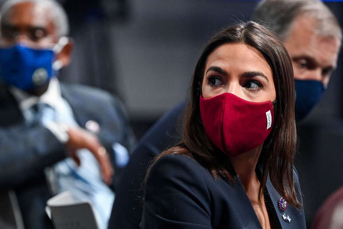 Alexandria Ocasio-Cortez attends a press conference during COP26 on November 10, 2021 in Glasgow, Scotland.