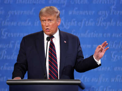 President Donald Trump participates in the first presidential debate against Democratic presidential nominee Joe Biden at the Health Education Campus of Case Western Reserve University on September 29, 2020, in Cleveland, Ohio.
