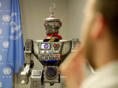 A robot is pictured at a press conference on the Campaign to Stop Killer Robots, at the UN headquarters in New York, October 21, 2019.