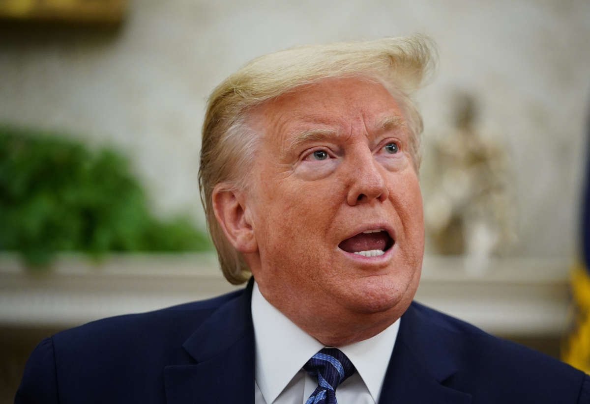 President Donald Trump speaks in the Oval Office of the White House on April 30, 2020, in Washington, D.C.