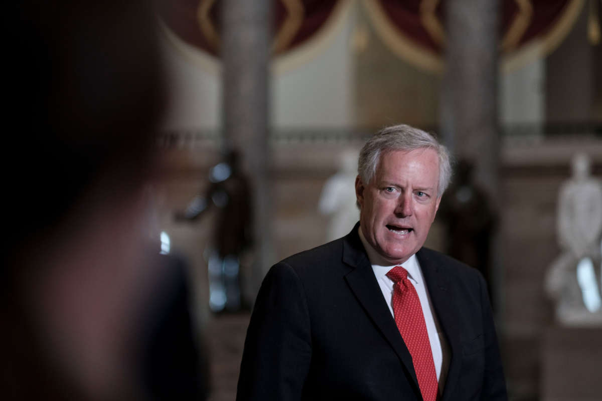White House Chief of Staff Mark Meadows speaks to the press in Statuary Hall at the Capitol on August 22, 2020, in Washington, D.C.
