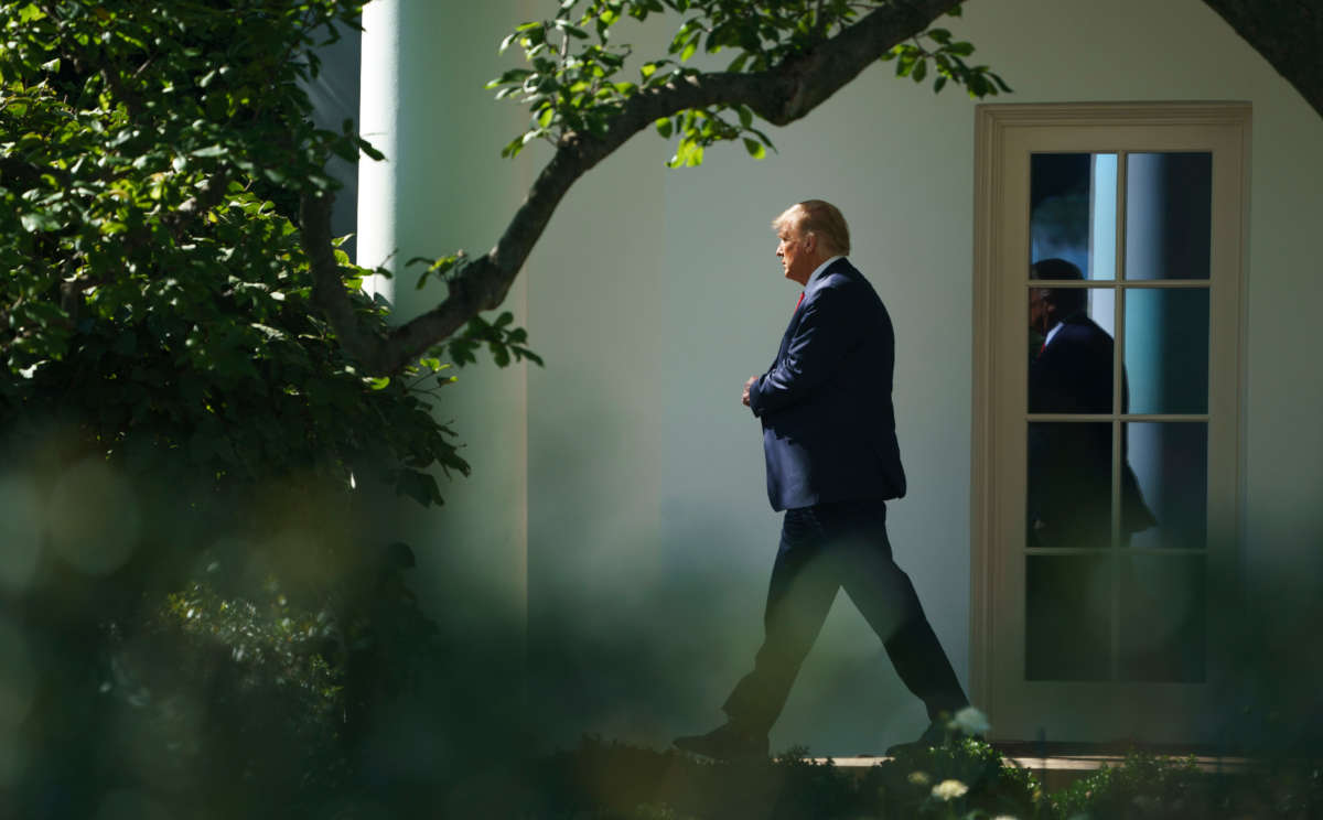 President Donald Trump exits the Oval Office and walks toward Marine One on the South Lawn of the White House on September 30, 2020, in Washington, D.C.