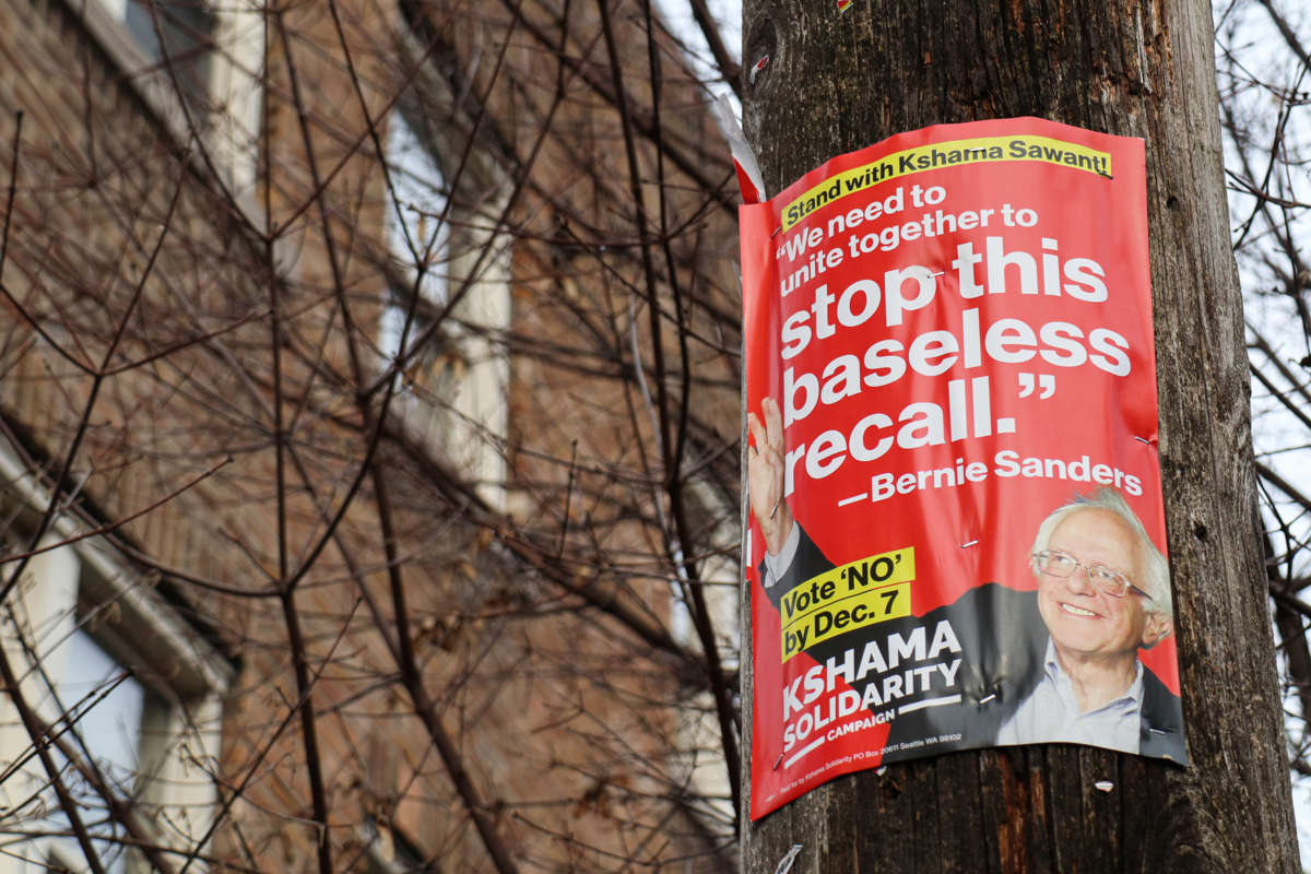 A poster of Bernie Sanders urging voters to stop the recall attempt against Kshama Sawant