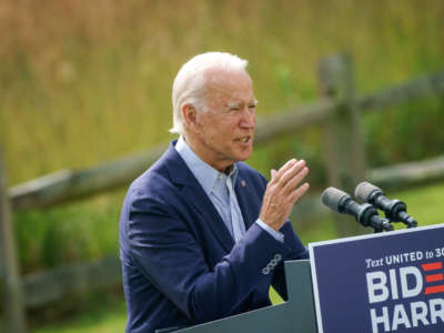 Democratic presidential nominee Joe Biden speaks about climate change and the wildfires on the West Coast at the Delaware Museum of Natural History on September 14, 2020, in Wilmington, Delaware.