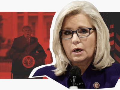 Photo of Rep. Liz Cheney overlaid on image of Then-President Donald Trump speaking in front of White House on January 6, 2021