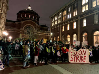 Student workers on strike participate in a picket action At Columbia University in New York on December 8, 2021.