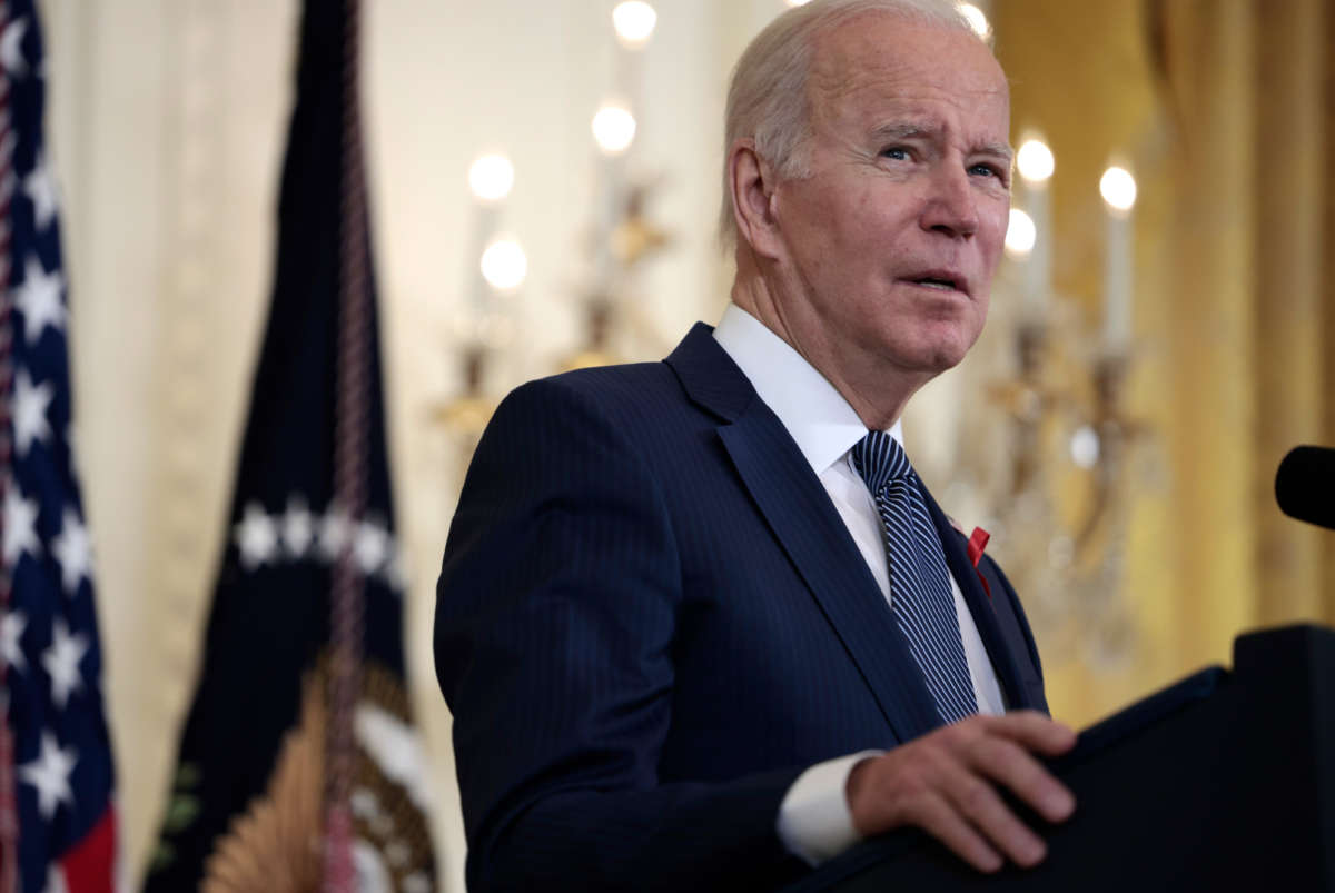 President Joe Biden delivers remarks commemorating World AIDS Day at the White House on December 1, 2021, in Washington, D.C.