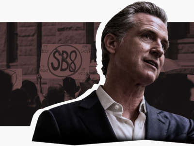 A collage shows California Gov. Gavin Newsom and protesters against the Texas SB 8 abortion law