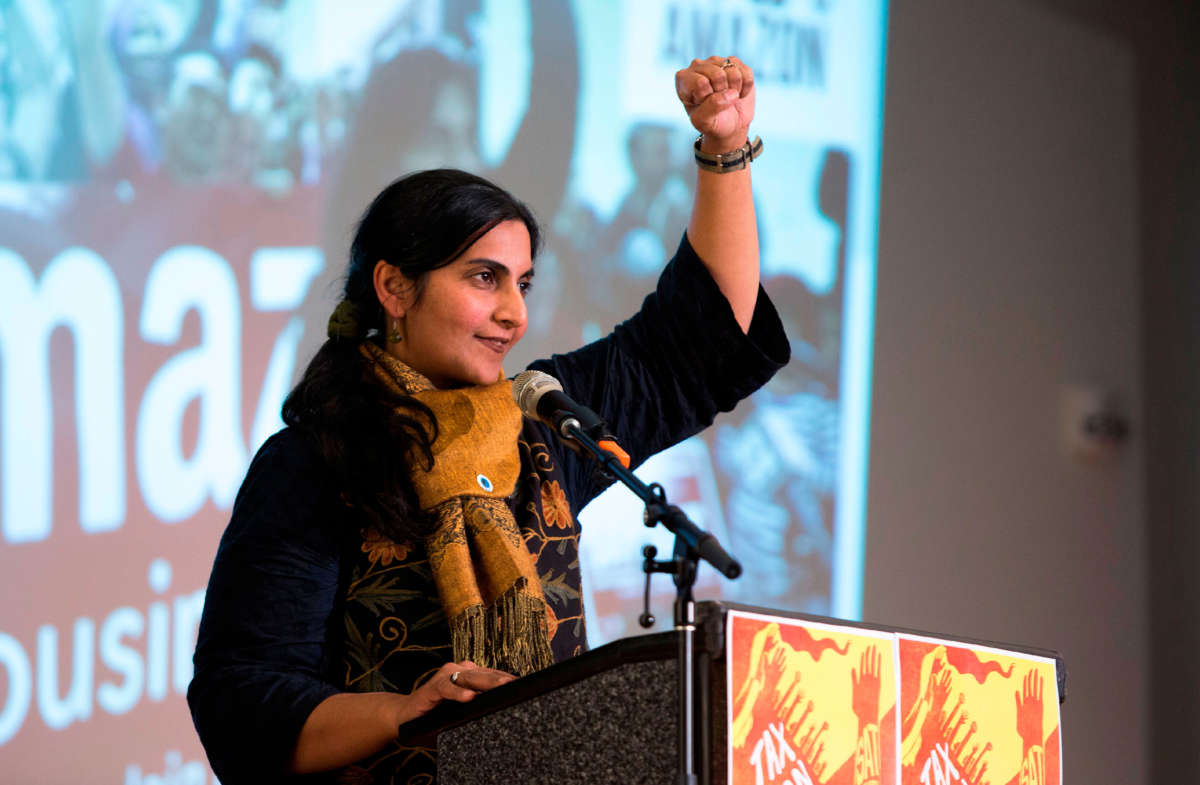 Seattle City Councilmember Kshama Sawant addresses supporters during her inauguration and "Tax Amazon 2020 Kickoff" event in Seattle, Washington, on January 13, 2020.