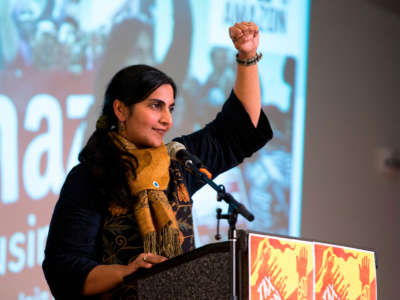 Seattle City Councilmember Kshama Sawant addresses supporters during her inauguration and "Tax Amazon 2020 Kickoff" event in Seattle, Washington, on January 13, 2020.