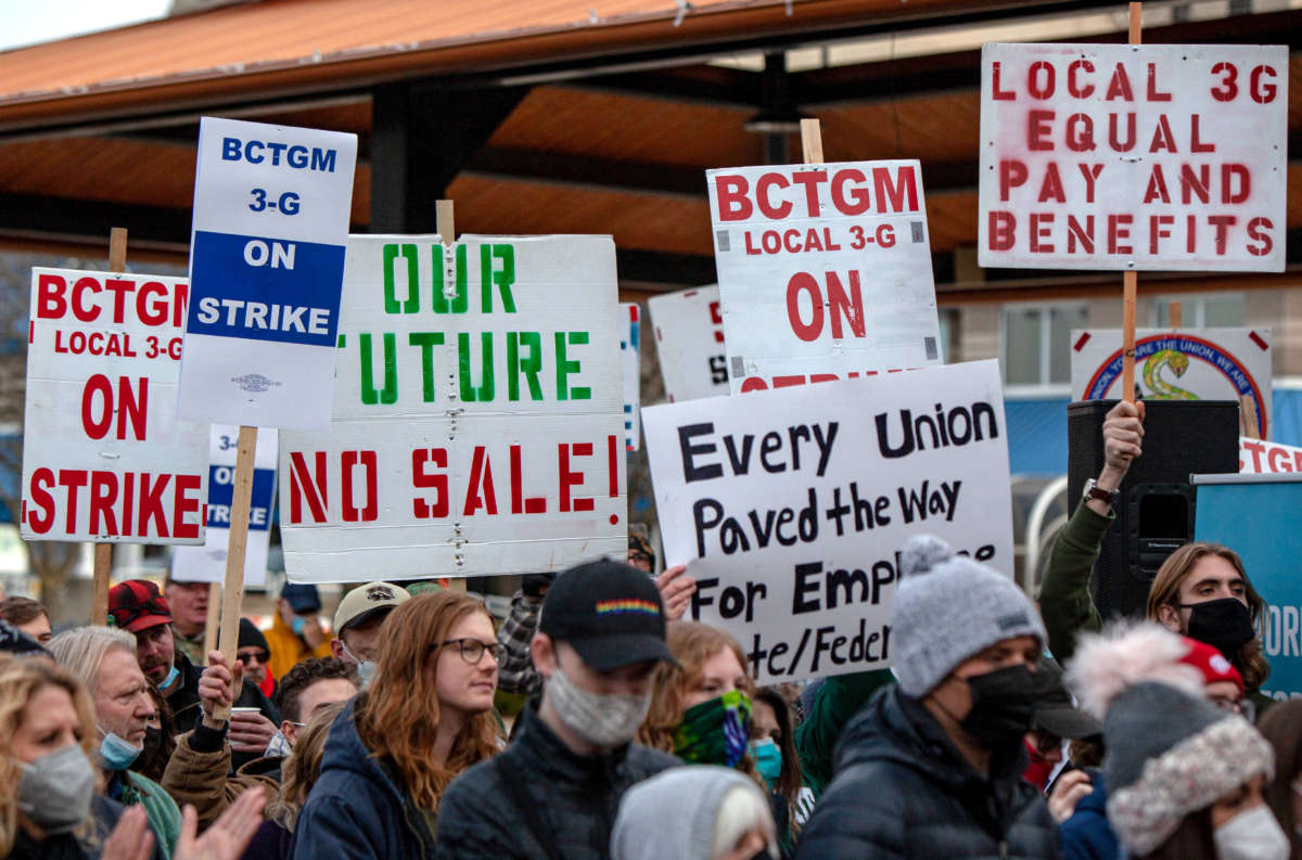 Striking Kellogg's workers listen to Sen. Bernie Sanders speak in support of their cause in downtown Battle Creek, Michigan, on December 17, 2021.