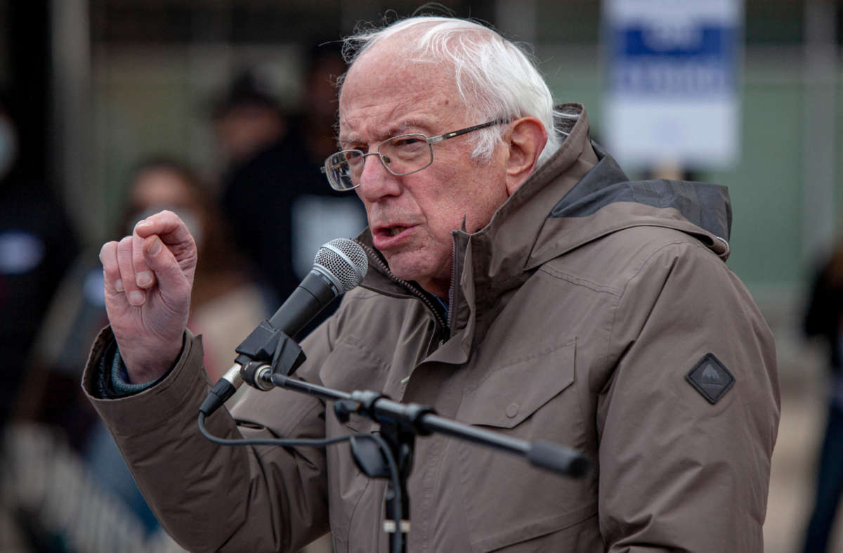 Sen. Bernie Sanders speaks to striking Kellogg's workers in downtown Battle Creek, Michigan, on December 17, 2021.